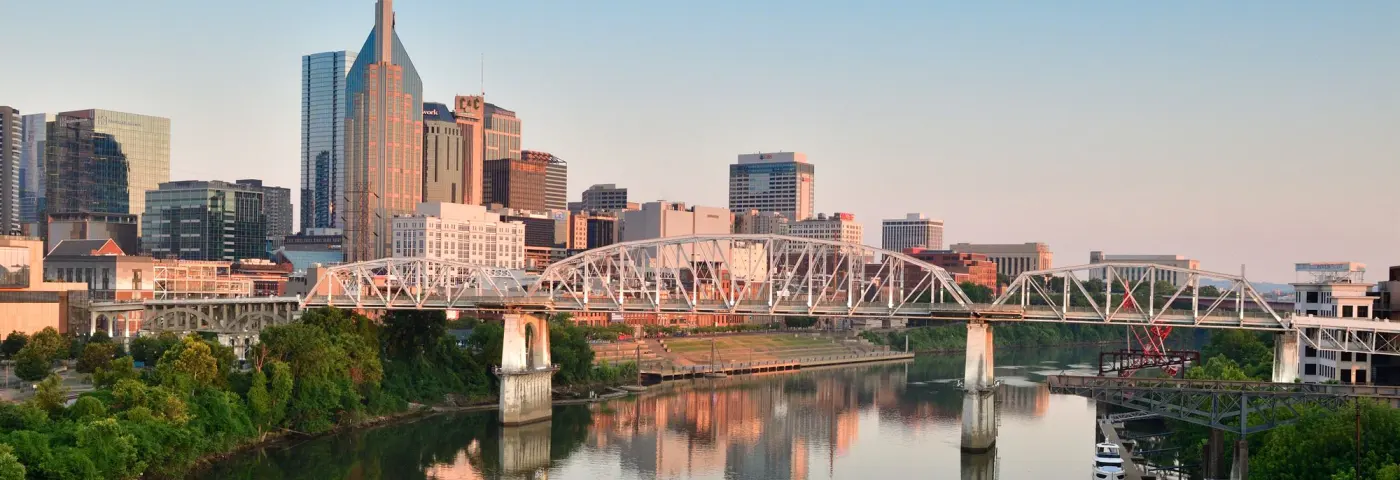 Nashville skyline reflected in the Cumberland River at sunrise
